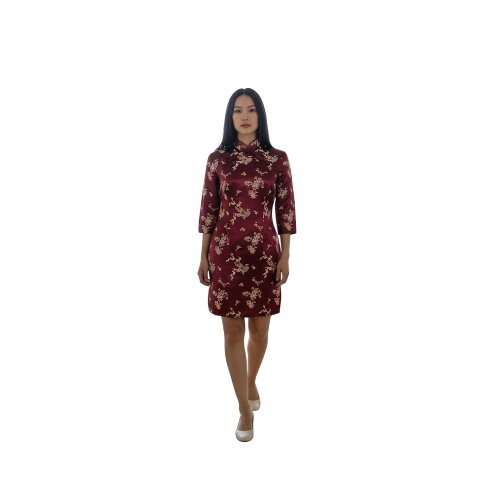 Vintage‎ Floral Cheongsam Dress Mandarin Collar Asian Style Burgundy Size 6